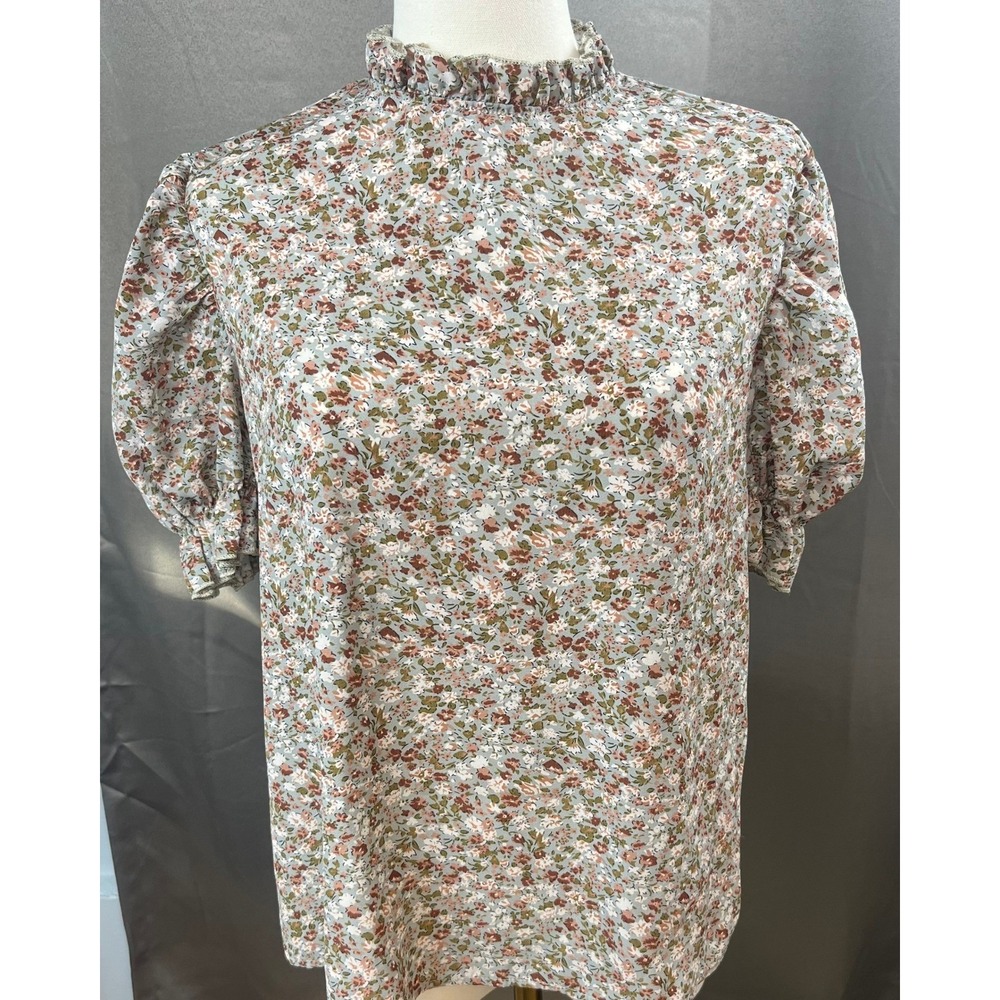 SheIn Floral Ruffle Cottage Core Puff Sleeve Top Keyhole Blouse Brown Small